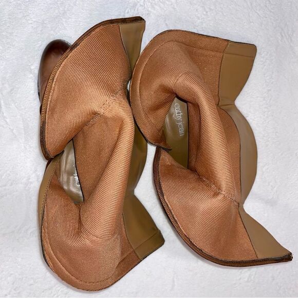 CATHY JEAN BROWN VINTAGE LOOKING KNEE HIGH LEATHER WOMENS BOOTS WITH TIE AND ZIP - Picture 8 of 10